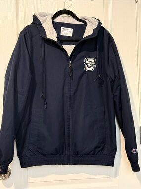 Champion Navy Hooded Rain Jacket with Gray Lining